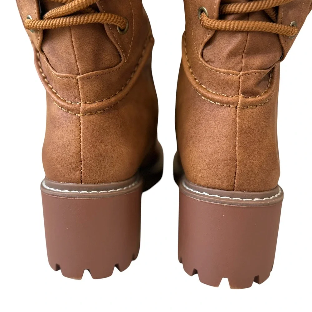 Forever Womens Knee High Combat Boots Brown Lace Up Lug Sole Side Zip Size 6
